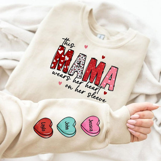 THIS MAMA WEARS HER HEART ON HER SLEEVE PERSONALIZED SWEATSHIRT